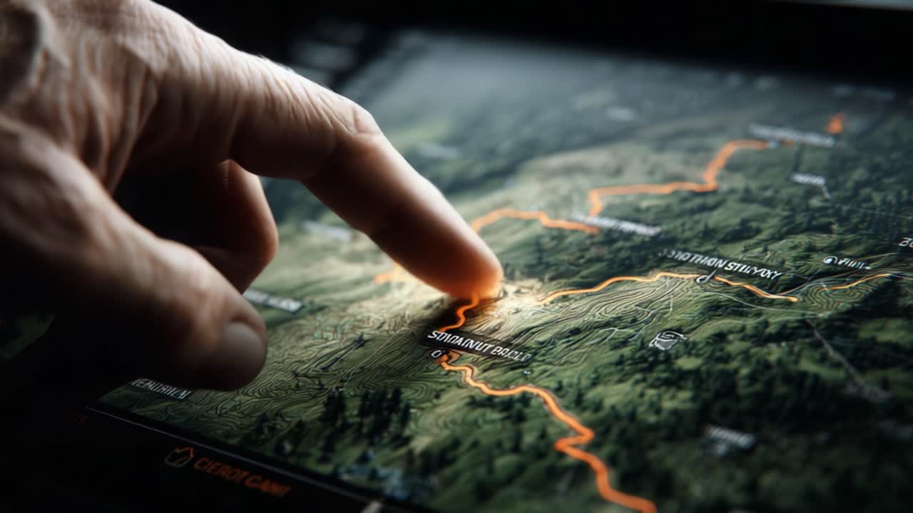 Exploring Terrain and Navigation: A Close-Up View of a Hand Interacting with a Digital Map Displaying Trails and Geographic Details