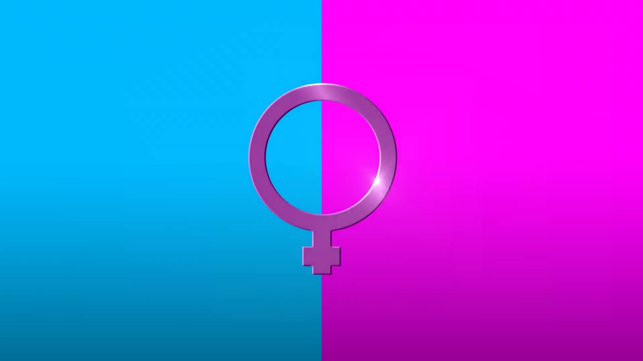 animación del símbolo de género femenino púrpura, sobre fondo azul y rosa