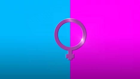 Animación-Del-Símbolo-De-Género-Femenino-Morado,-Sobre-Fondo-Azul-Y-Rosa