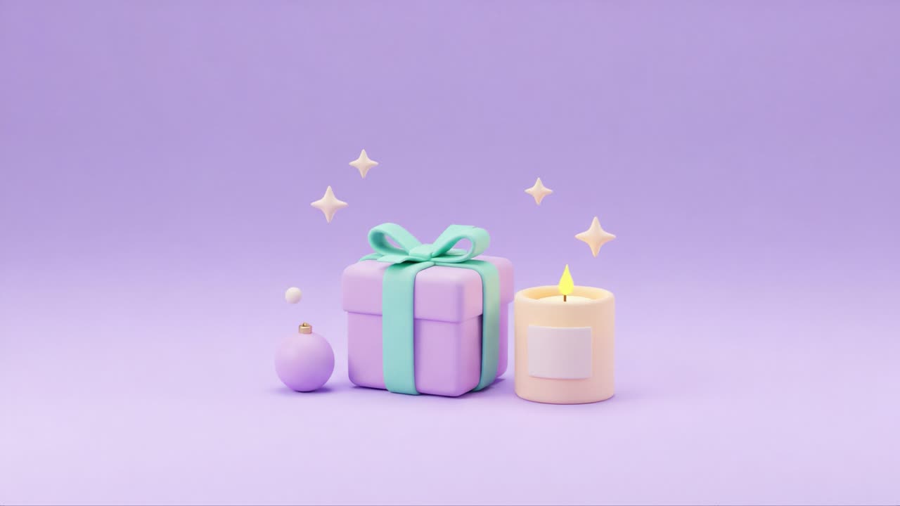 A Delightful Scene Featuring a Beautifully Wrapped Gift Box and a Softly Glowing Candle Against a Pastel Purple Background, Enriched with Subtle Decorative Elements