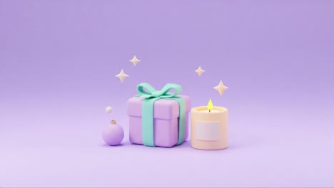 a delightful scene featuring a beautifully wrapped gift box and a softly glowing candle against a pastel purple background, enriched with subtle decorative elements