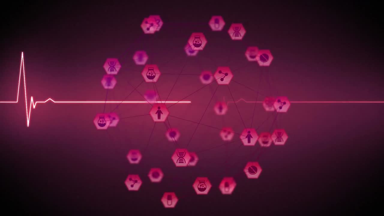 연결 네트워크의 지구와 핑크색 배경에 대한 심박수 모니터