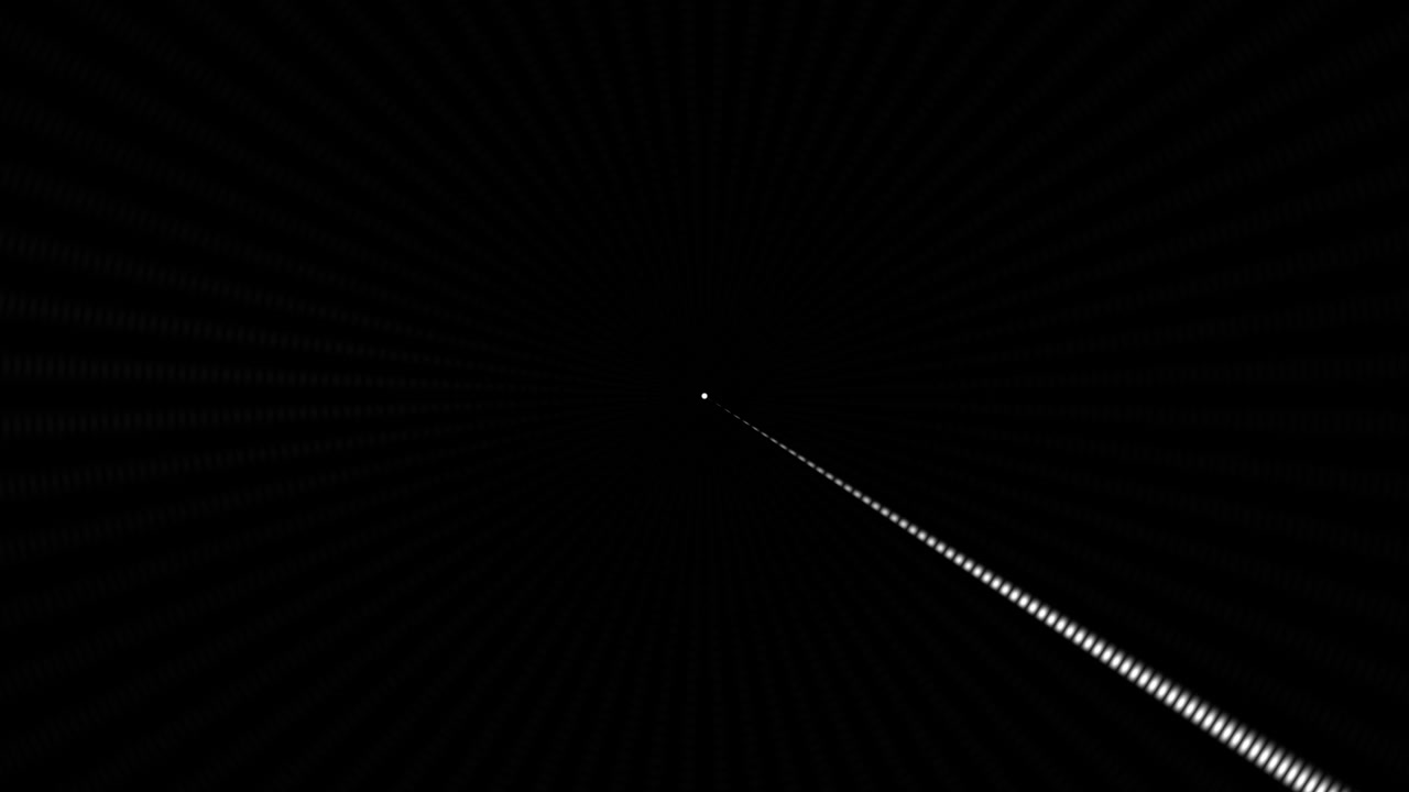 A bright light beam moves through a dark space, creating patterns and lines. The scene shows contrast between light and darkness, drawing attention to the motion and direction