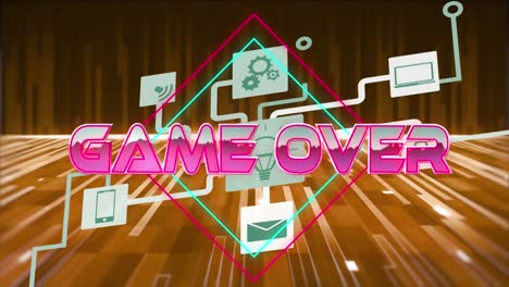 Animation-of-game-over-text-over-network-of-connections-and-shapes-on-black-background