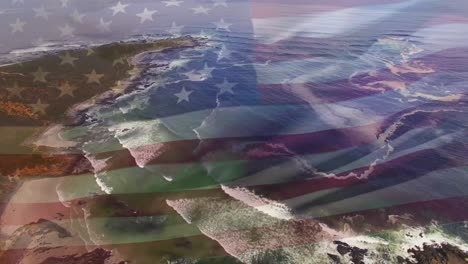 animation of flag of usa blowing over beach landscape