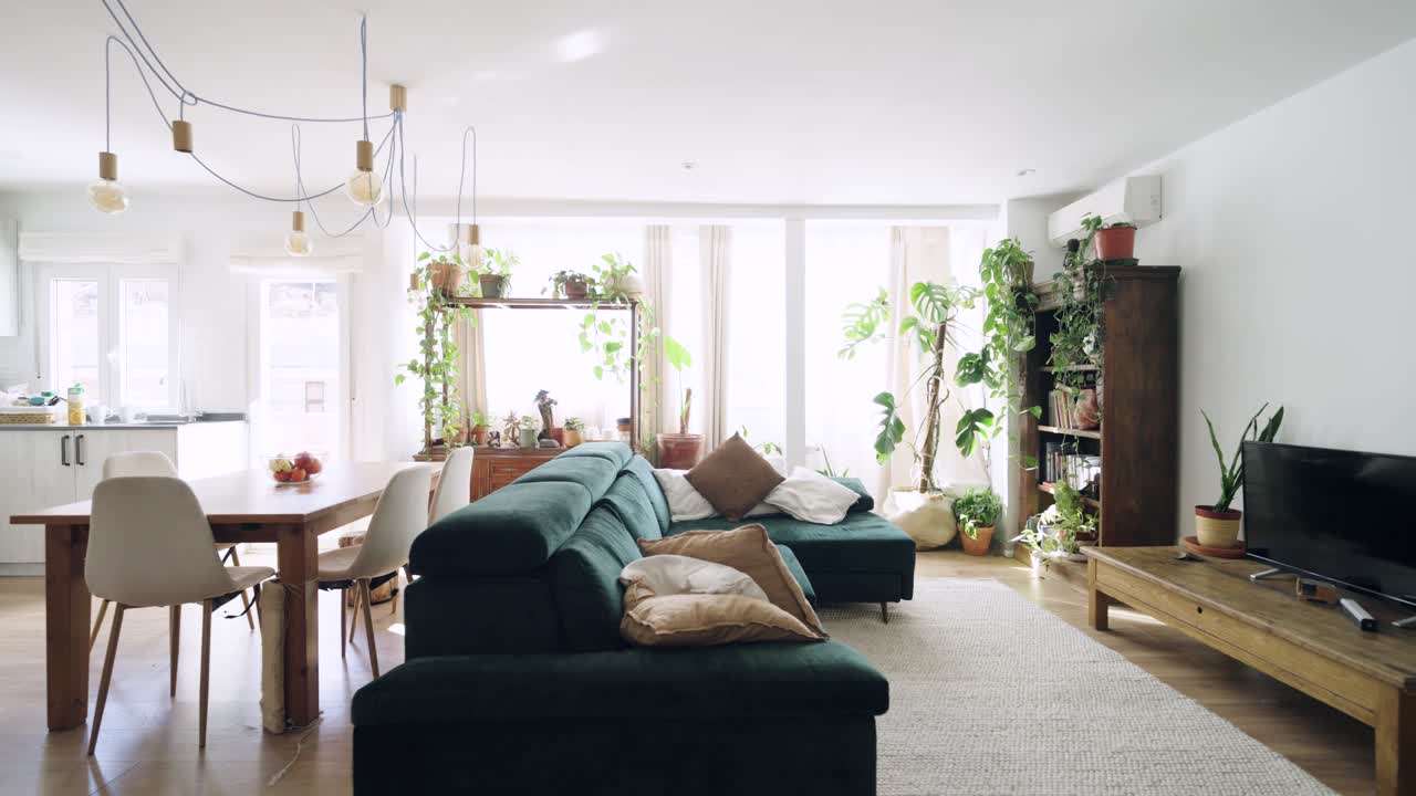 明るくモダンなオープンフロアのリビングルーム、ダイニングエリアと植物がある。