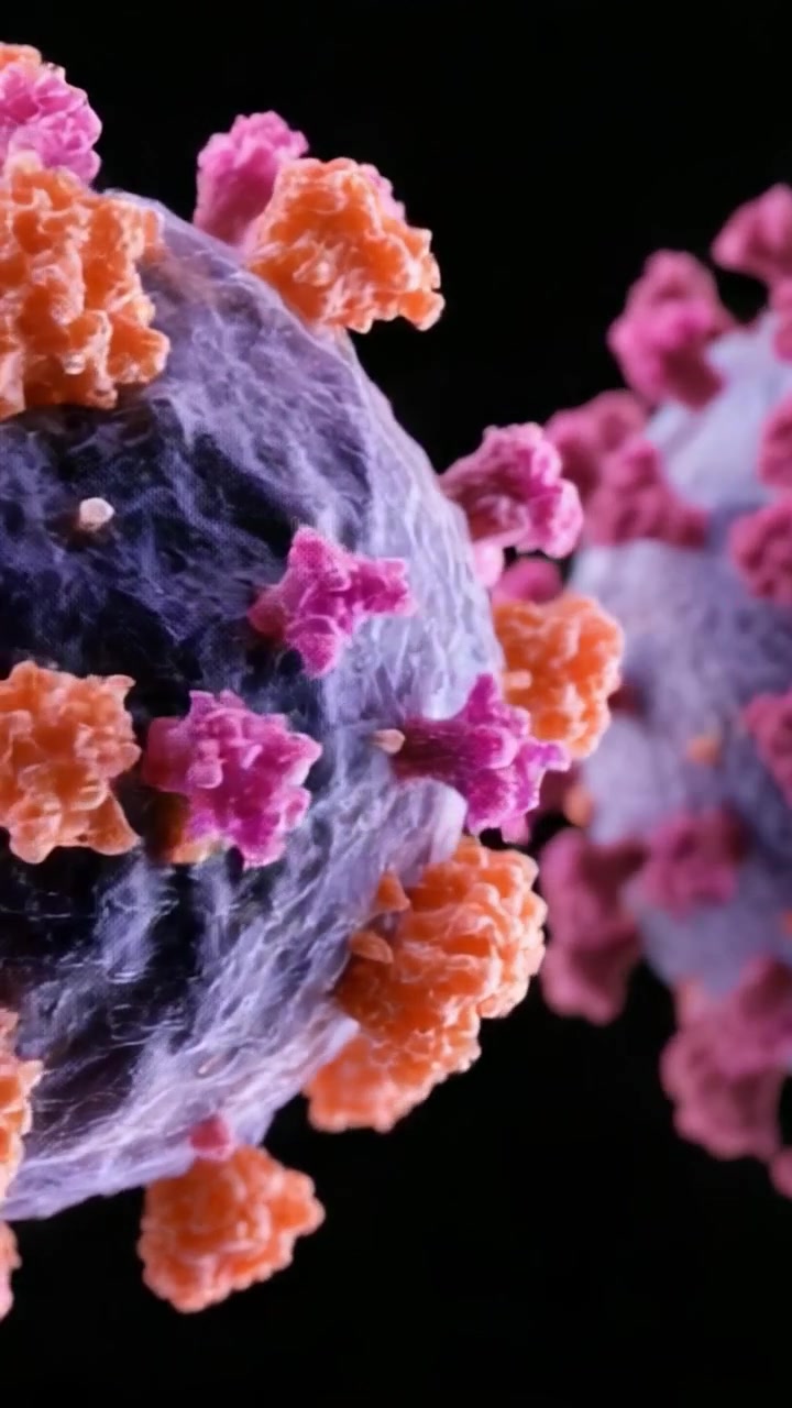 Visualizzazione ravvicinata di particelle virali che mostrano strutture complesse e proteine spike colorate, illustrando forme di vita microscopiche in alto dettaglio
