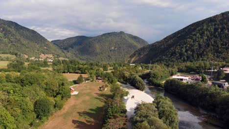 aerial drone footage over an amazing landscape at river soca in triglav mountains of slowenia