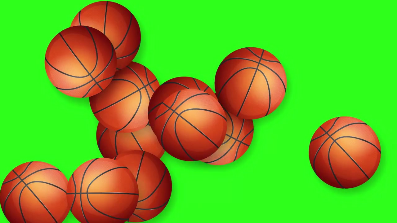 Multiple basketballs bounce and fly across a green screen in a high-energy sports animation.
