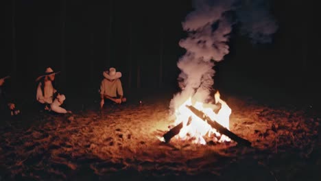 friends relaxing around a campfire in the forest at night