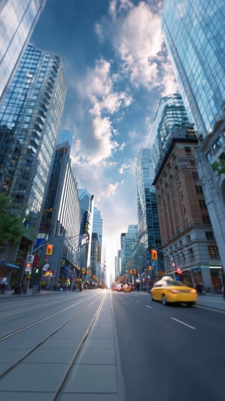 Una vista mozzafiato di una vivace strada urbana fiancheggiata da imponenti grattacieli di vetro, che cattura l'essenza della vita cittadina immersa in una luce dorata.