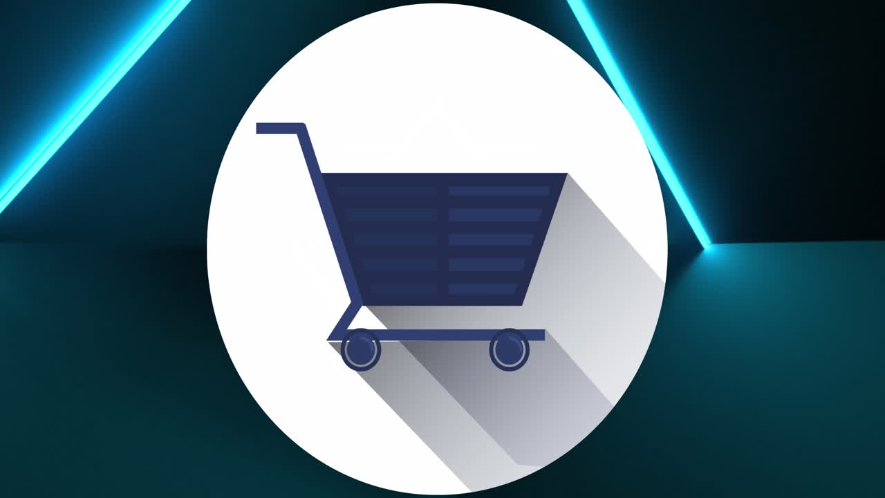animación del icono del carrito de compras en línea sobre un fondo azul brillante