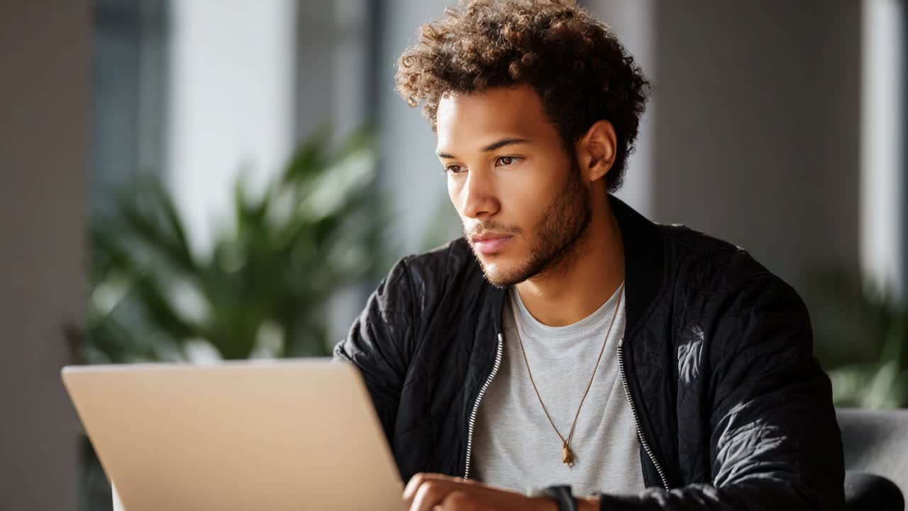 Engaged and Focused: A Young Man Concentrating on His Laptop in a Bright, Modern Setting Surrounded by Lush Green Plants, Captured in Two Frames of a Digital Work Environment