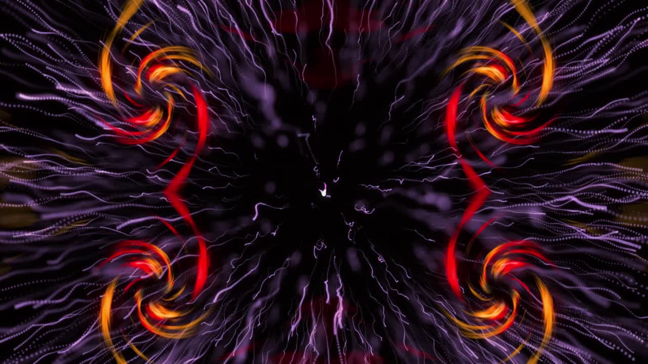 Animation of white explosion with light trials over four spirals of orange light on black background
