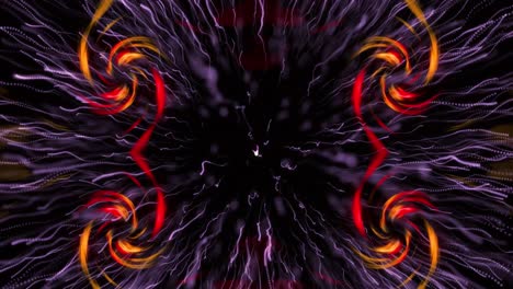 Animation-of-white-explosion-with-light-trials-over-four-spirals-of-orange-light-on-black-background