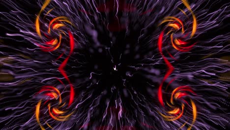 animación de una explosión blanca con pruebas de luz sobre cuatro espirales de luz naranja sobre fondo negro