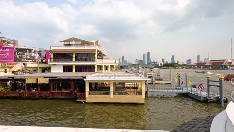 a scenic view of the chao phraya river in bangkok, showcasing riverside buildings and bustling activity under clear skies