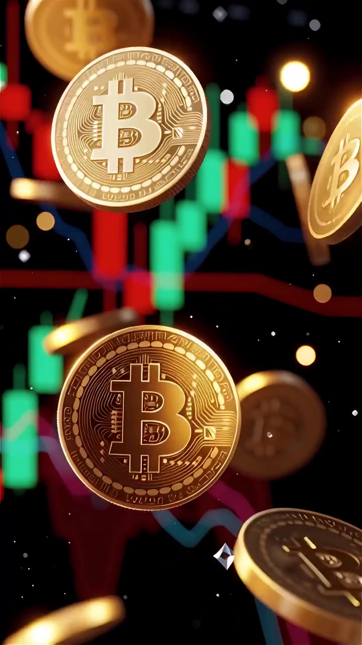 Monete Bitcoin dorate con sfondo sfocato di grafico a candele 4K.