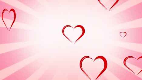 animación de un patrón de corazones rojos en un bucle sin costuras en un fondo de rayas rosadas