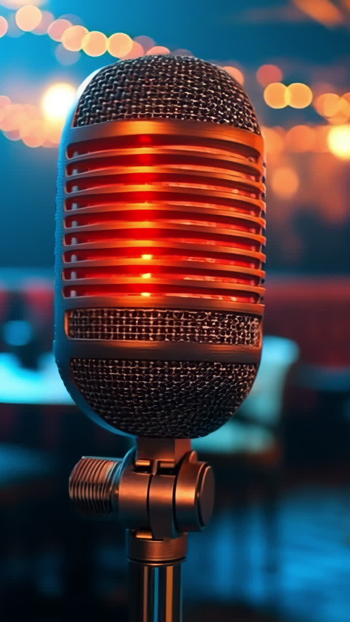 Classic microphone in a lively venue. A vintage-style microphone stands ready on stage in a vibrant bar filled with warm lights and lively atmosphere.