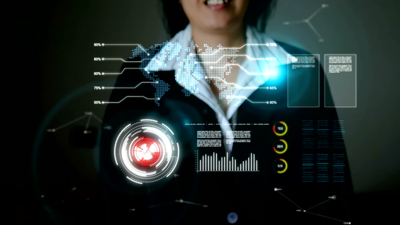 Business woman using HUD user interface panel for cyber and futuristic technology concept with dark and grain processed