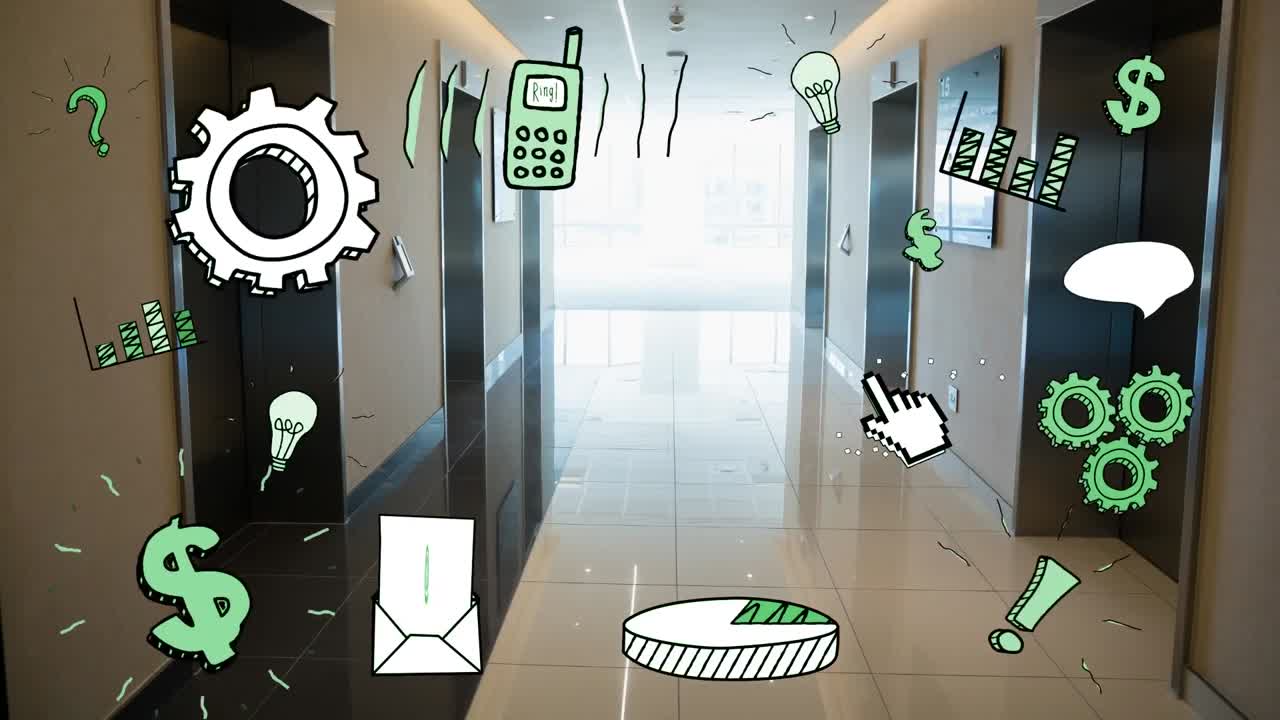 오피스 비즈니스 아이콘의 애니메이션 및 오피스 데이터 처리