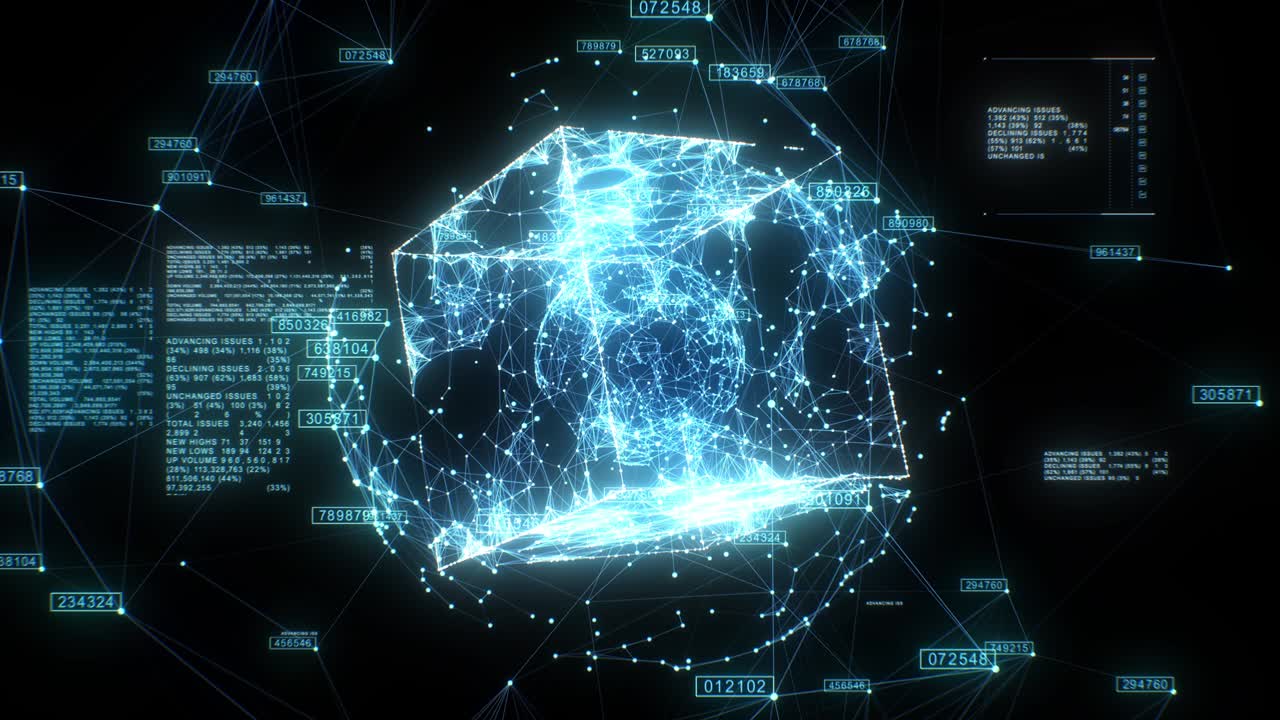 hermoso holograma de una red de negocios global digital que gira en el ciberespacio sin problemas. animación en 3d en bucle de esferas de cuadrícula abstractas y caja con texto. concepto de tecnología.