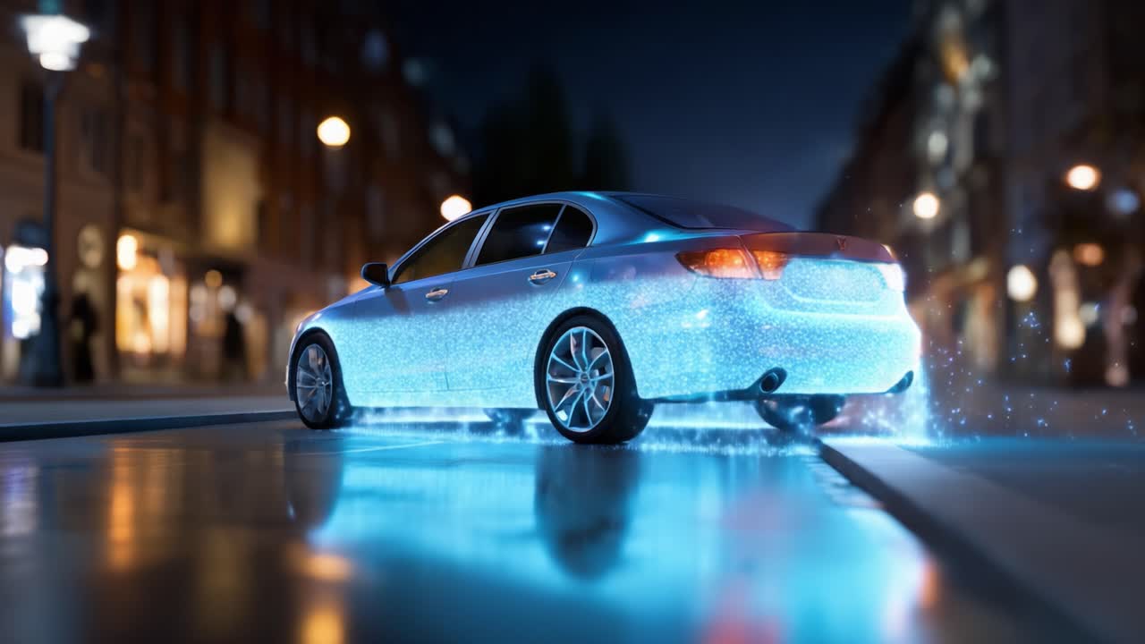 Una straordinaria trasformazione di un'auto in un brillante contenuto di arte digitale in un ambiente urbano notturno, con splendidi riflessi sul manto stradale