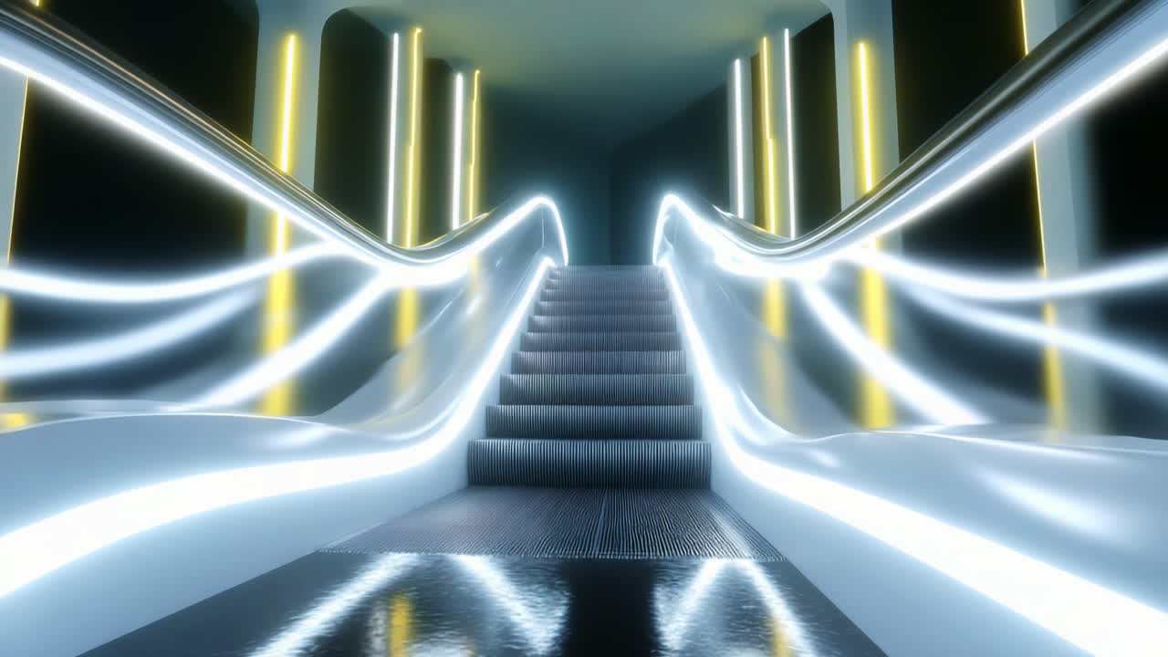 A Captivating View of a Futuristic Stairway Illuminated by Glowing Lights, Creating a Dreamlike Atmosphere As It Leads the Eye Upward, Blending Technology and Art in a Visually Stunning Scene