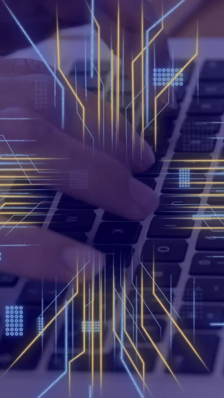 Animation of circuit board with data processing over caucasian man using laptop