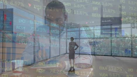 animation of statistics processing over businesswoman and businessman using tablet