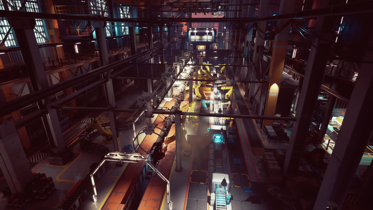 낮 시간 에 현대 기계 공장 에서 바쁜 컨베이어 시스템