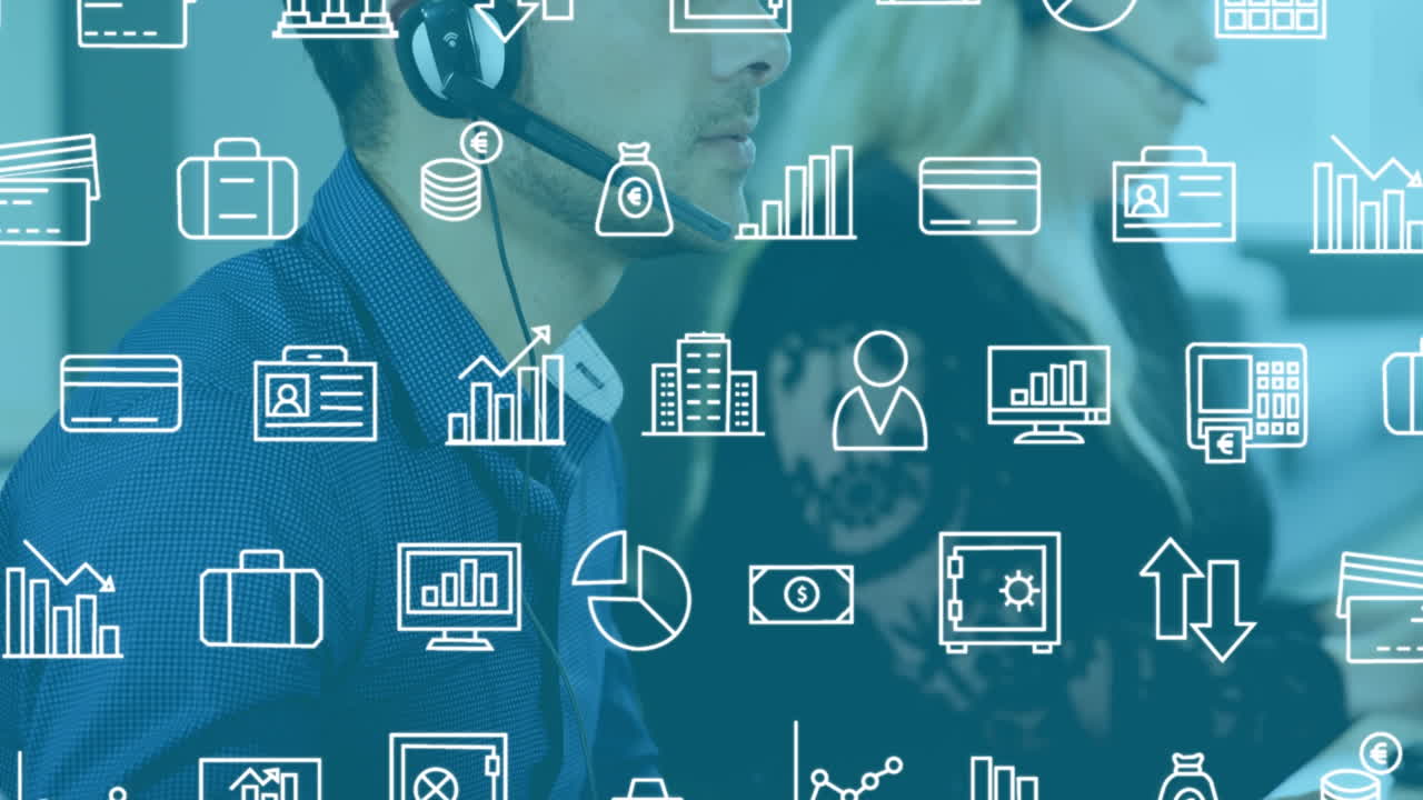 animación de iconos en línea sobre diversas personas de negocios que usan auriculares de teléfono