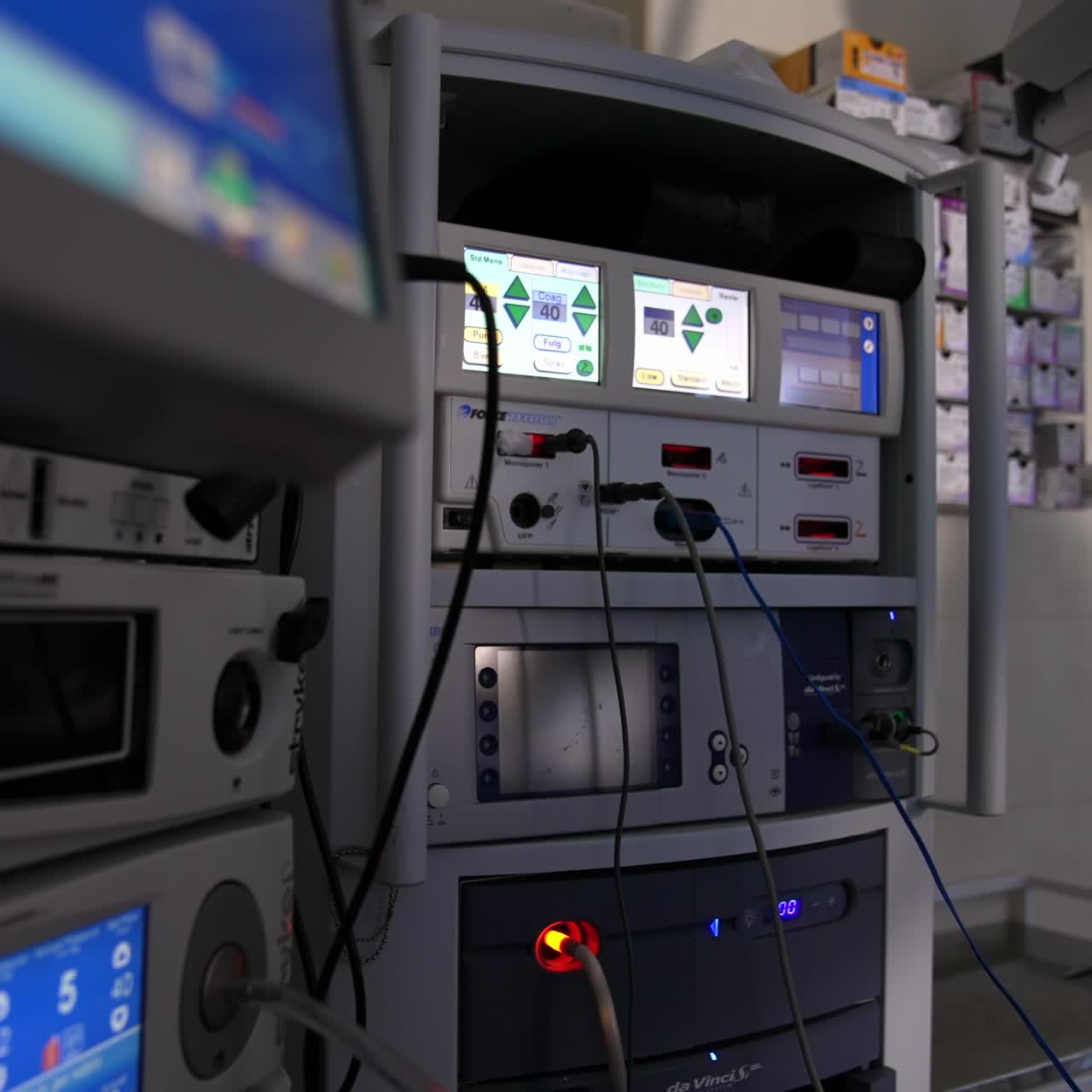 Advanced medical equipment working in the surgery room. Switched on apparatuses during the operation