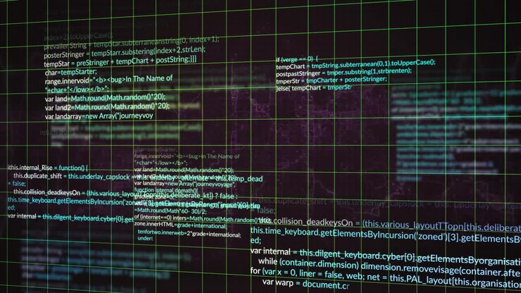Animation of grid pattern and computer language over black background