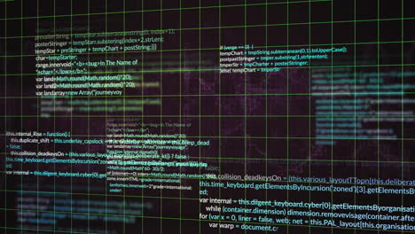 animation of grid pattern and computer language over black background