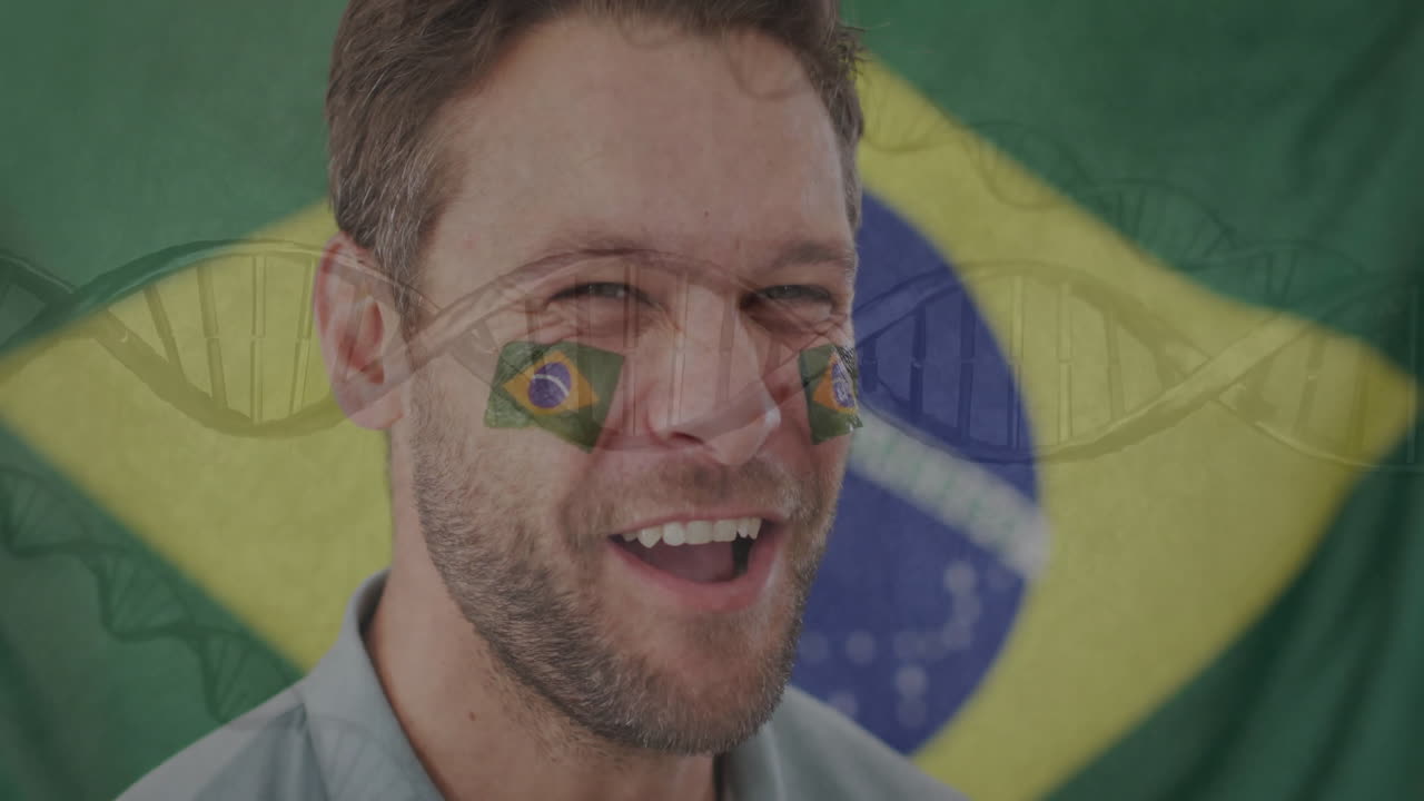 Smiling man with Brazilian flag face paint over DNA strand animation