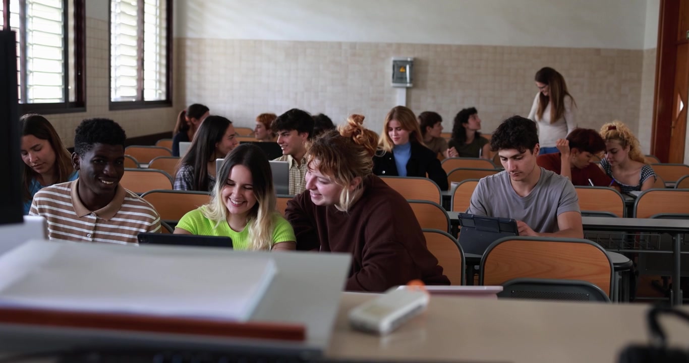 Diverse Group of Students Collaborating in a University Classroom