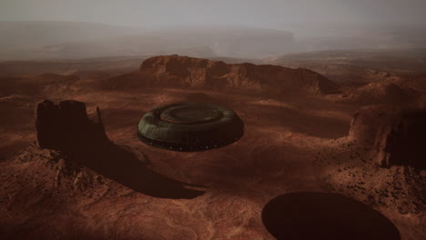 alien spaceship landing in a martian desert