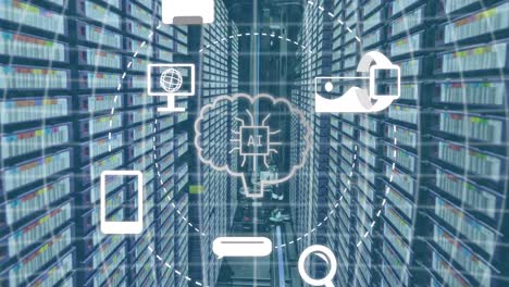 Animation-of-ai-text-and-icon,-data-processing-over-computer-servers