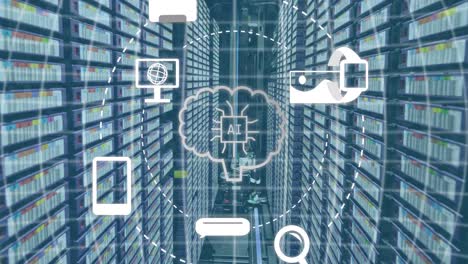 animación de todo el texto y el icono, procesamiento de datos a través de servidores informáticos