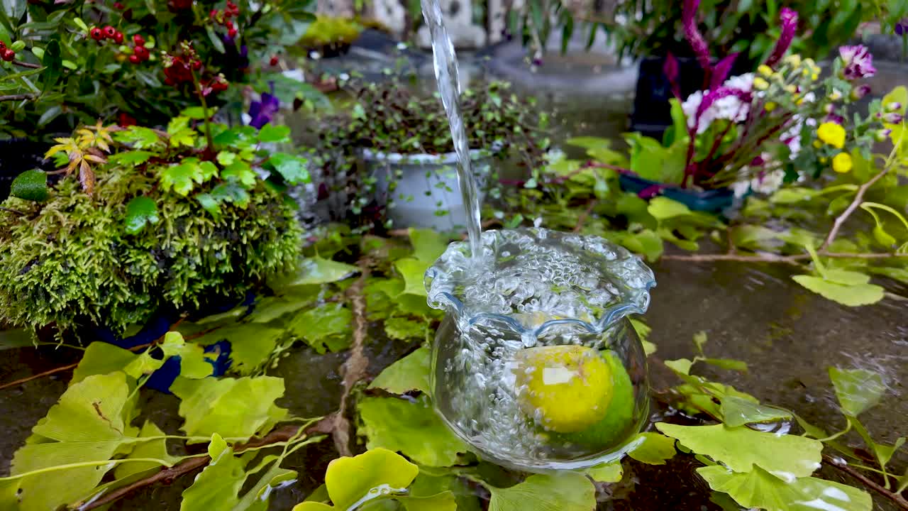 Water pouring on apple in glass jar, surrounded by plants and flowers in a garden on a rainy day, creating a refreshing scene