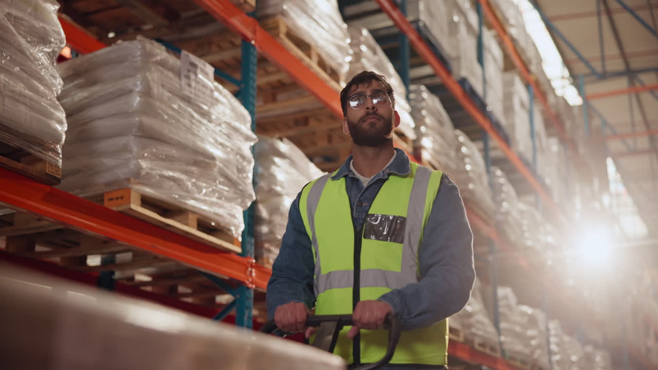 Warehouse worker pulling a cart in a storage facility