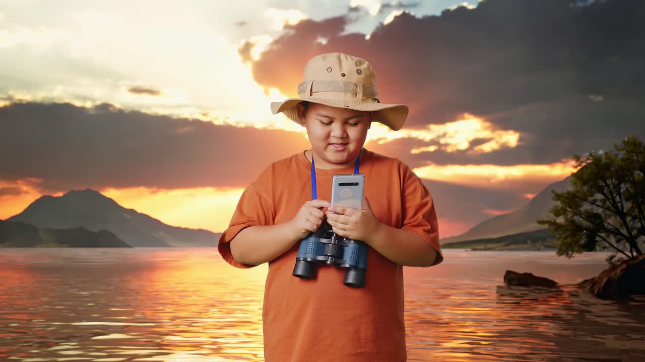 Asian Boy With A Hat And Binoculars Looking At Smartphone And Smiling At A Lake. Boy Researcher Examines Something, Travel Tourism Adventure Concept