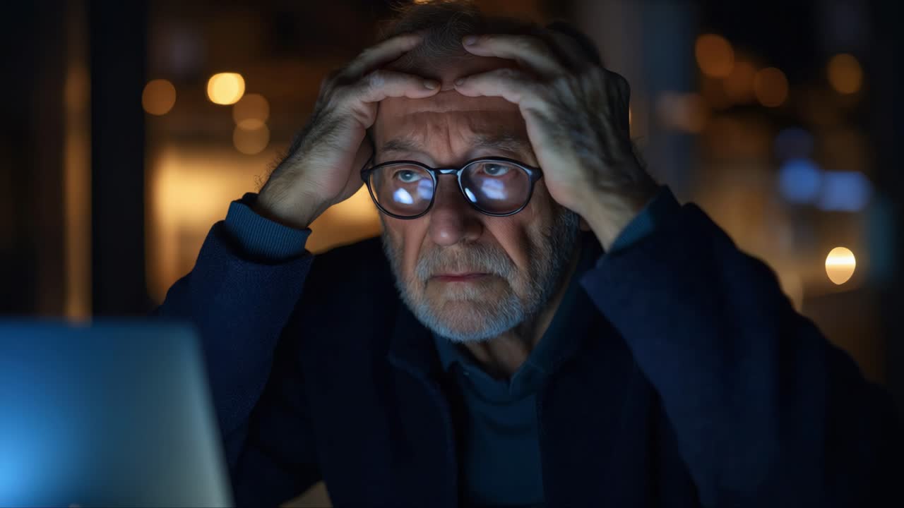 Elderly man stressed while using computer