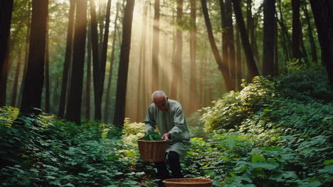 elderly man foraging in a sunlit forest