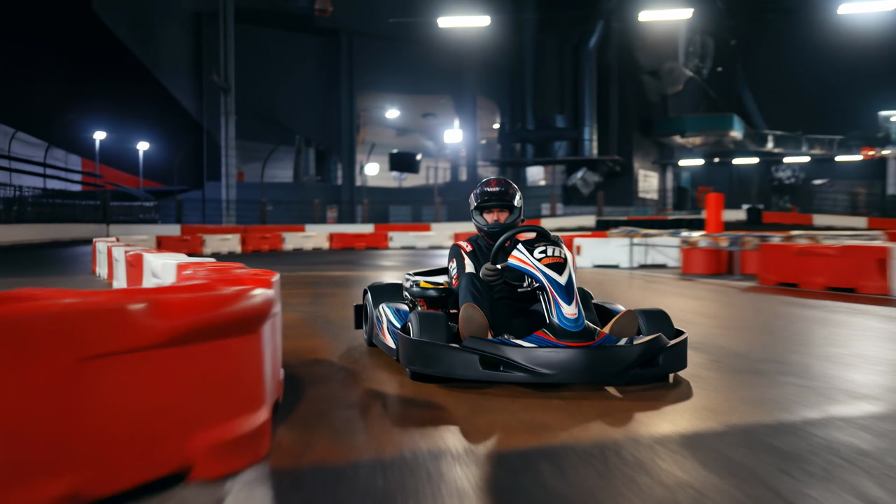 Helmeted Driver Racing Indoor Night Track Showcasing Skillful Cornering, Tight Redandwhite Barrier Navigation,