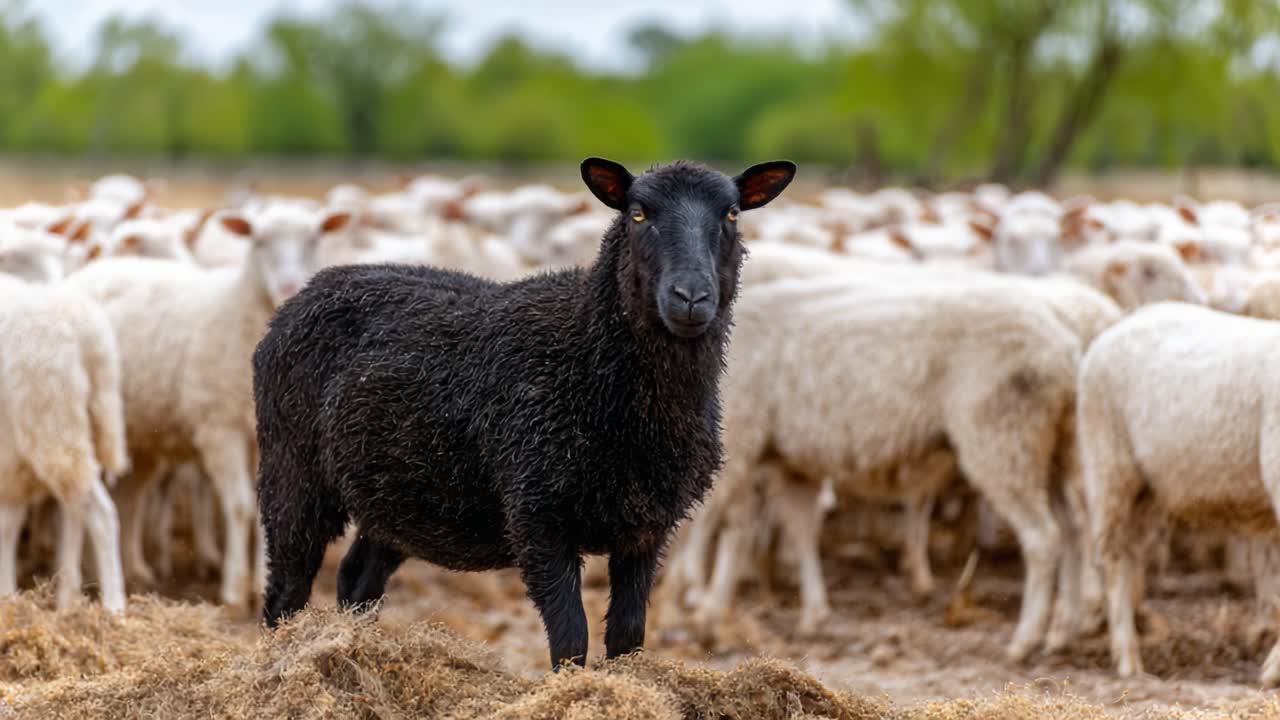 A striking contrast between a black sheep standing confidently in front of a flock of white sheep, highlighting the uniqueness and individuality found within a herd