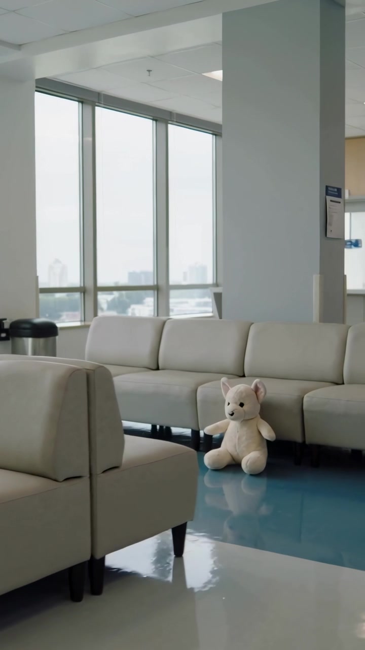 Vertical video: Starting playback, camera panning to reveal sofa in lounge with teddy and blocks