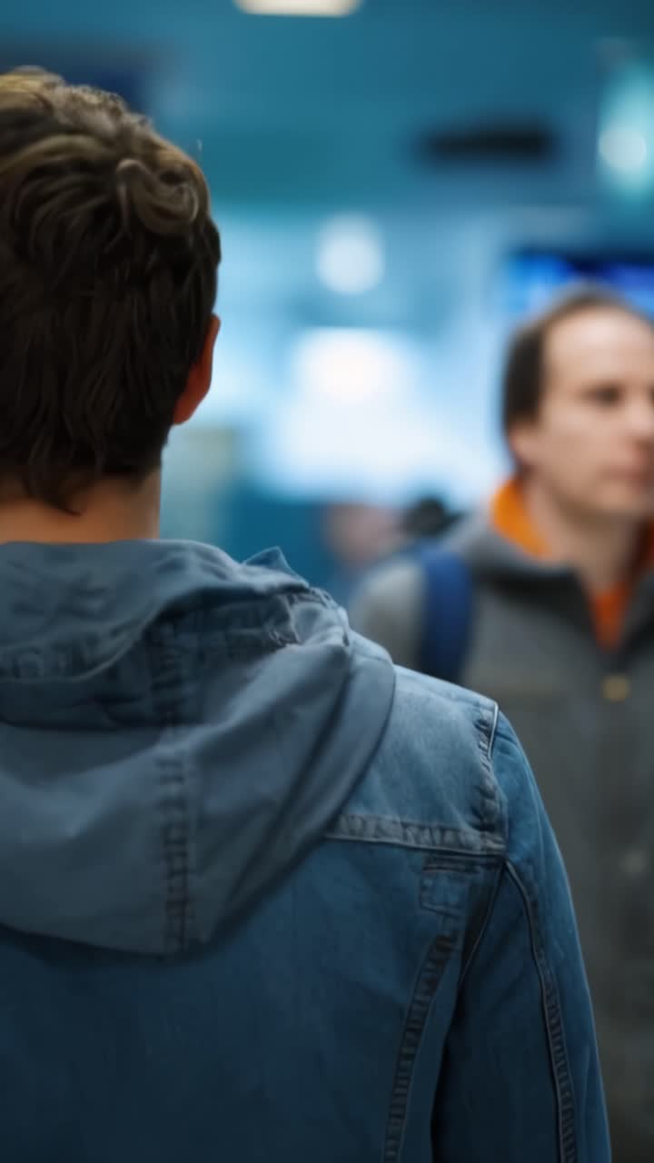A young man wearing a denim jacket and backpack walks through a busy environment, conveying a sense of movement and exploration amid a dynamic setting